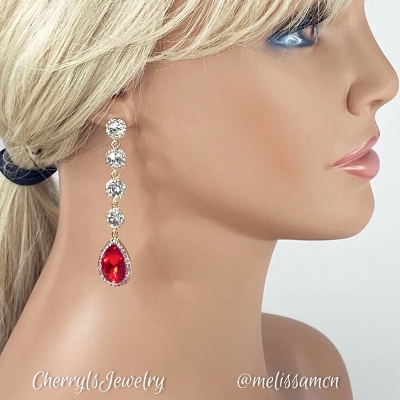 Prom Pageant Bridal Jewelry - Long Red Crystal Rhinestone Occasion Earrings